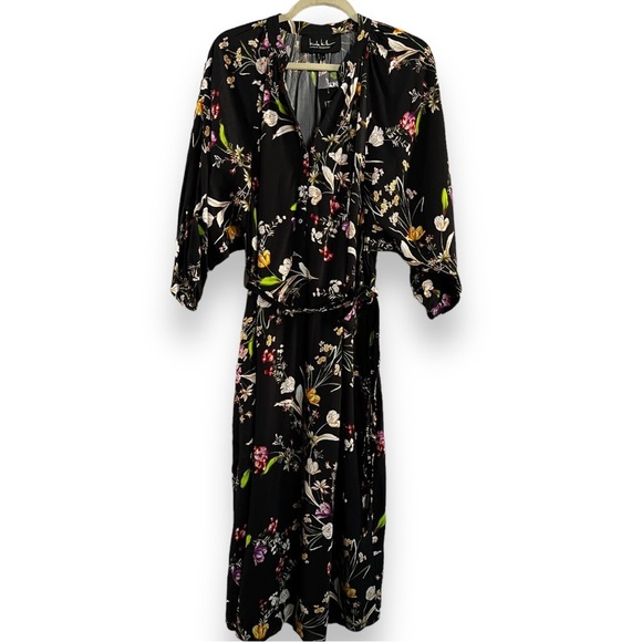 Nicole Miller Capsule Collection Floral Crepe Raglan Sleeve Midi Dress Size Sml - Picture 1 of 7